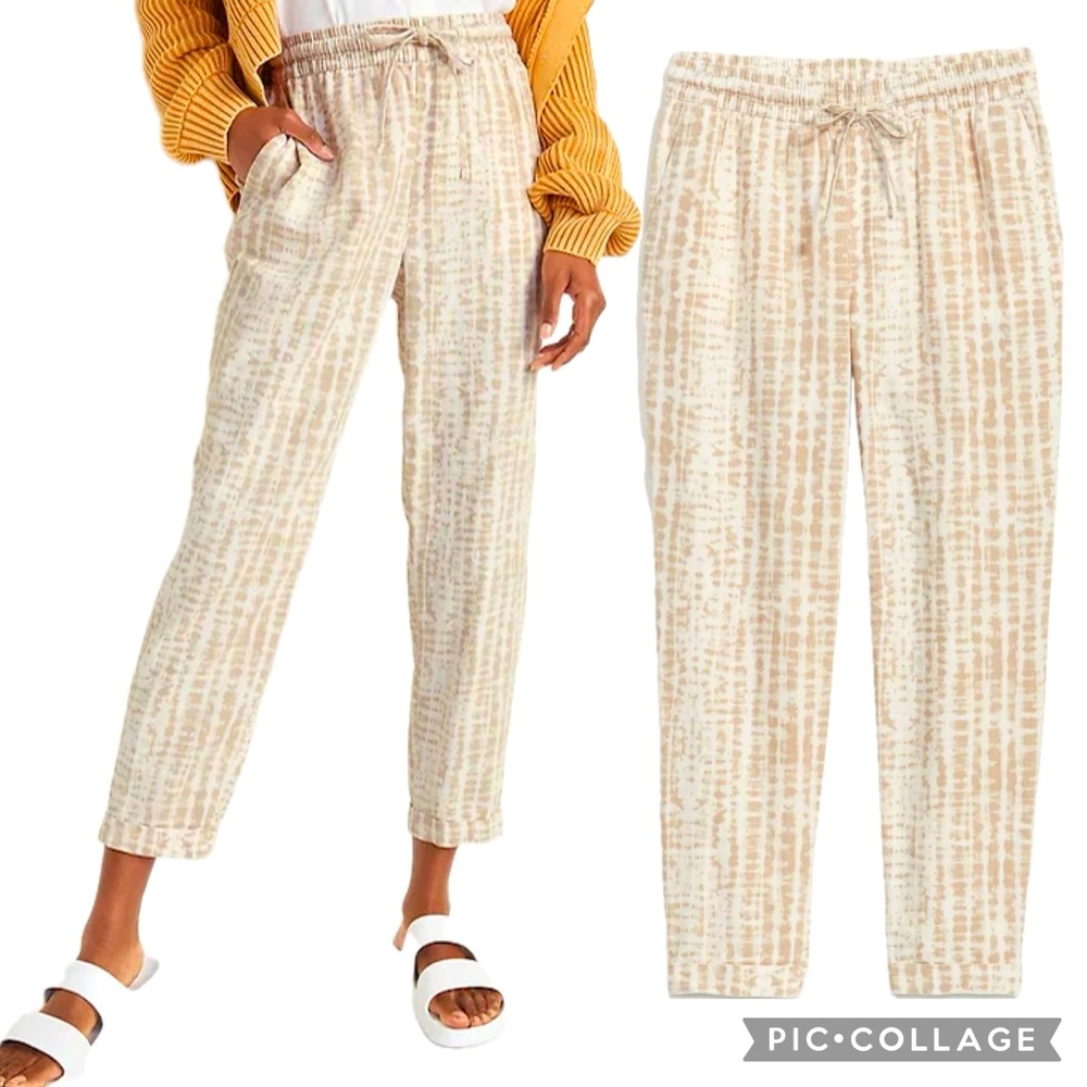 Old Navy Beige Tie Dye Linen Blend High-Rise Tapered Straight Cropped Pants